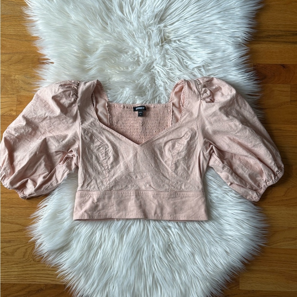 Express Linen-blend Puff Sleeve Crop
